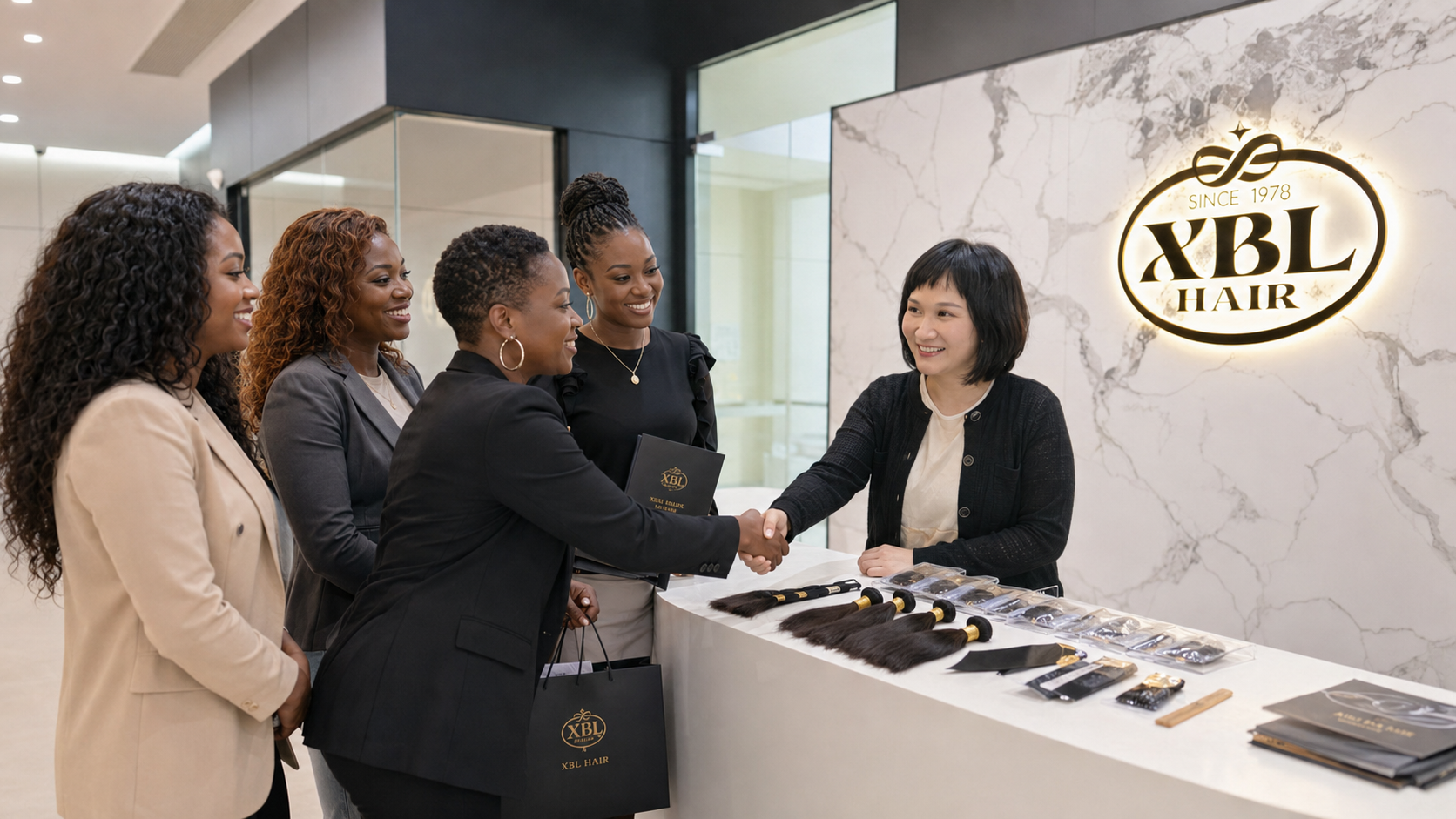 XBL Hair founder welcoming salon-owner visitors at reception